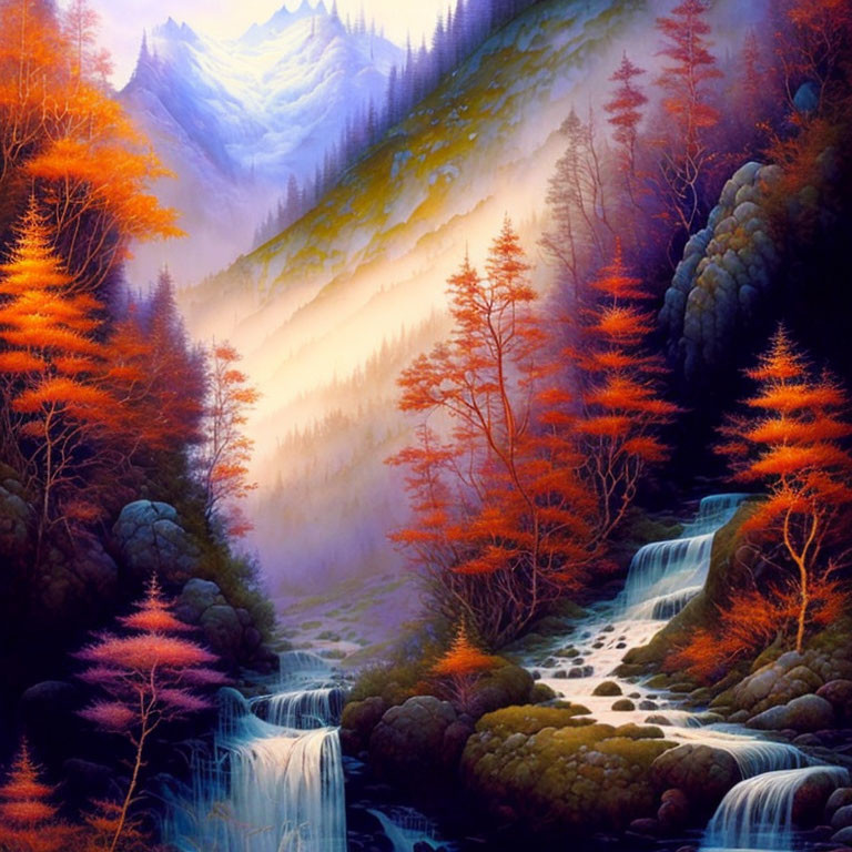 Scenic autumn forest with waterfalls, river, mist, and mountain view