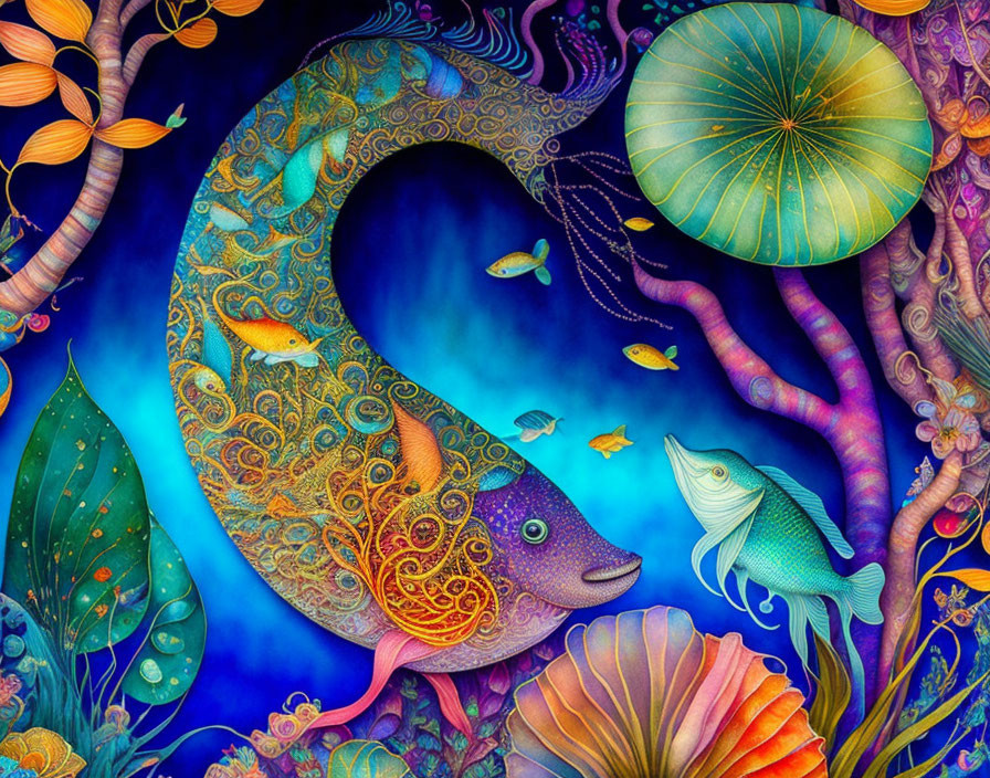 Colorful underwater scene with stylized fish and marine life.