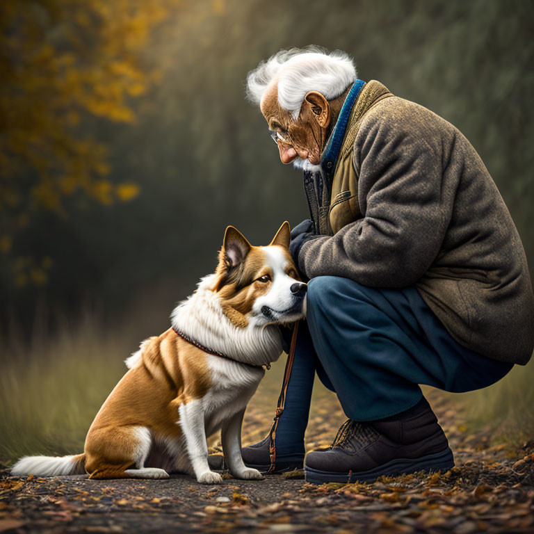 Elderly person with glasses and dog in autumn forest landscape