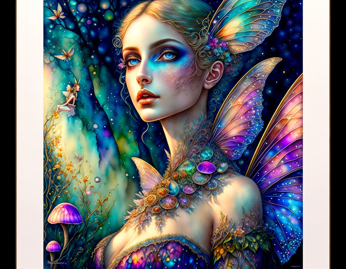 Fantasy fairy with vibrant wings among glowing mushrooms and flowers