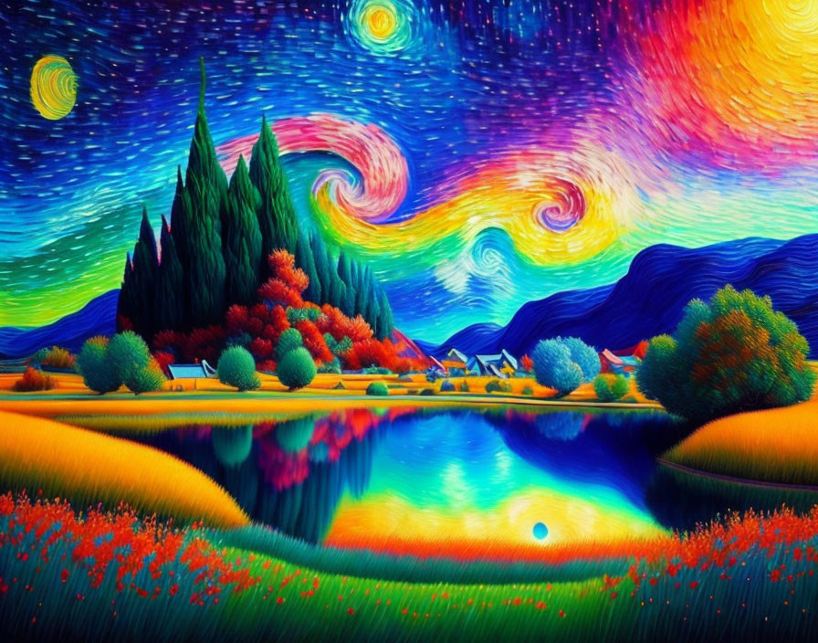 Colorful Landscape Painting: Swirling Skies, Tree-Covered Hill, Reflective Lake