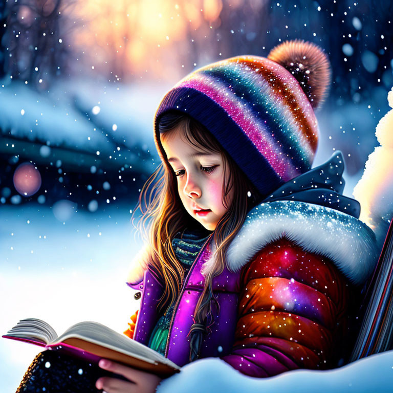 Young girl reading book in winter twilight with snowflakes falling