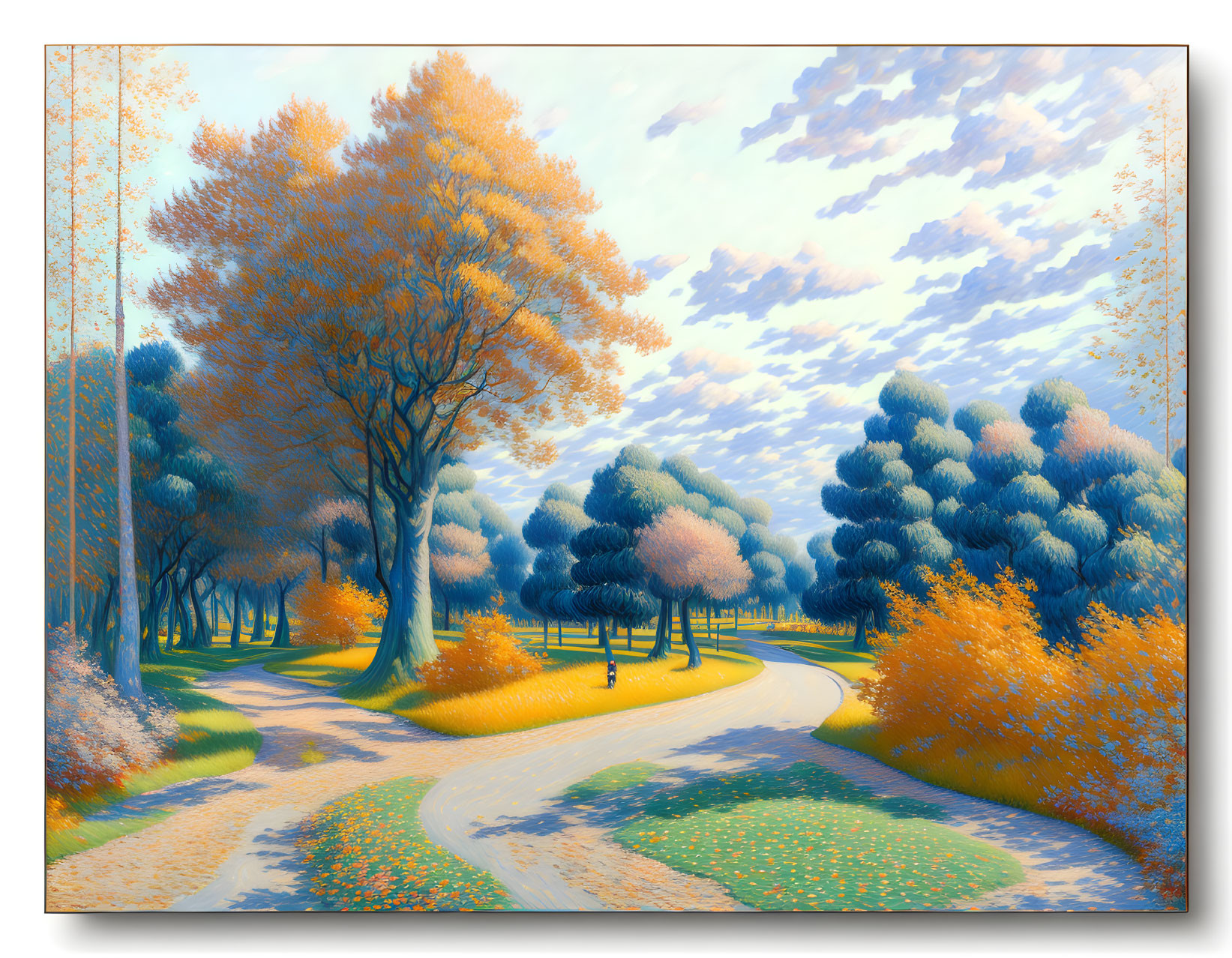 Tranquil autumn landscape with winding paths and colorful foliage