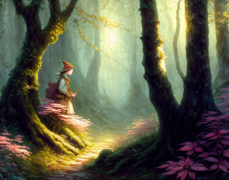 Serene fantasy forest with cloaked figure and pink flora