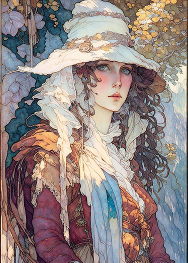 Art Nouveau-style Woman Illustration in White Hat and Autumnal Garment