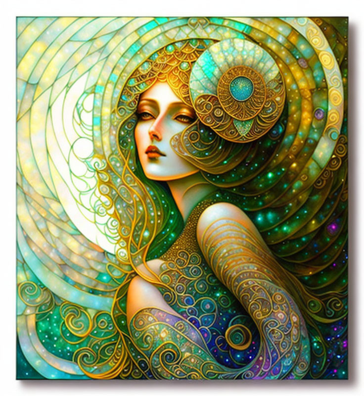 Colorful artwork of a woman with swirling hair and cosmic motifs