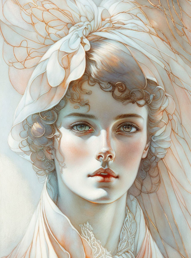 Fair-skinned woman with curly hair and white headband in serene pose with pastel tones.