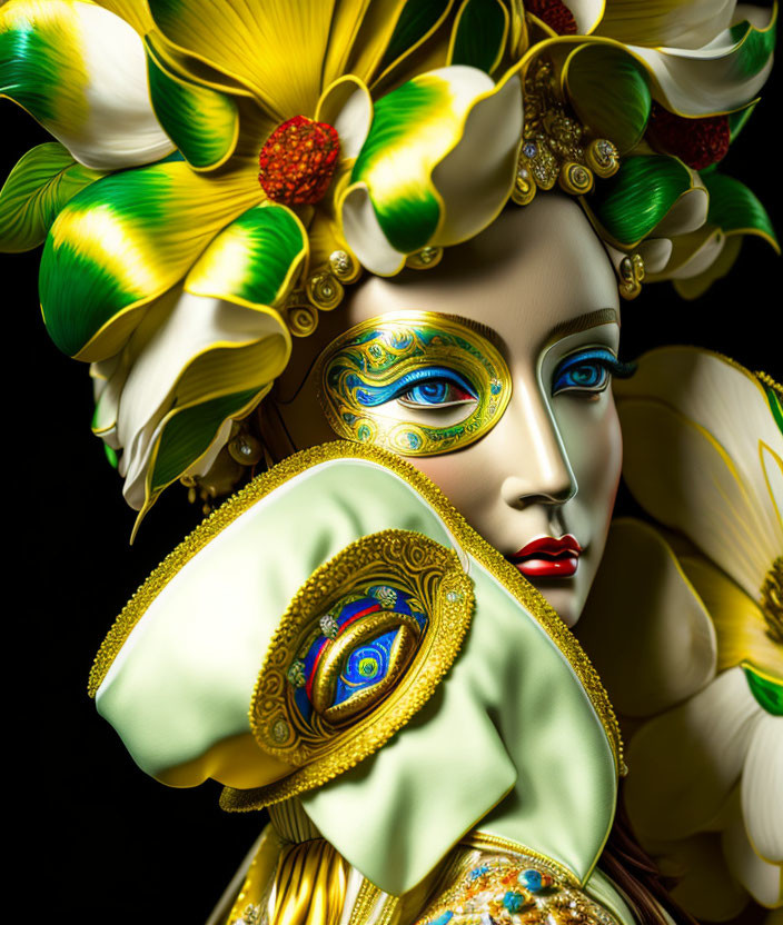 Colorful portrait of person with golden headgear, peacock eye makeup, and red lip