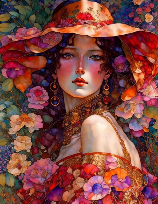 Portrait of a Woman Surrounded by Flowers and Wearing Hat and Jewelry