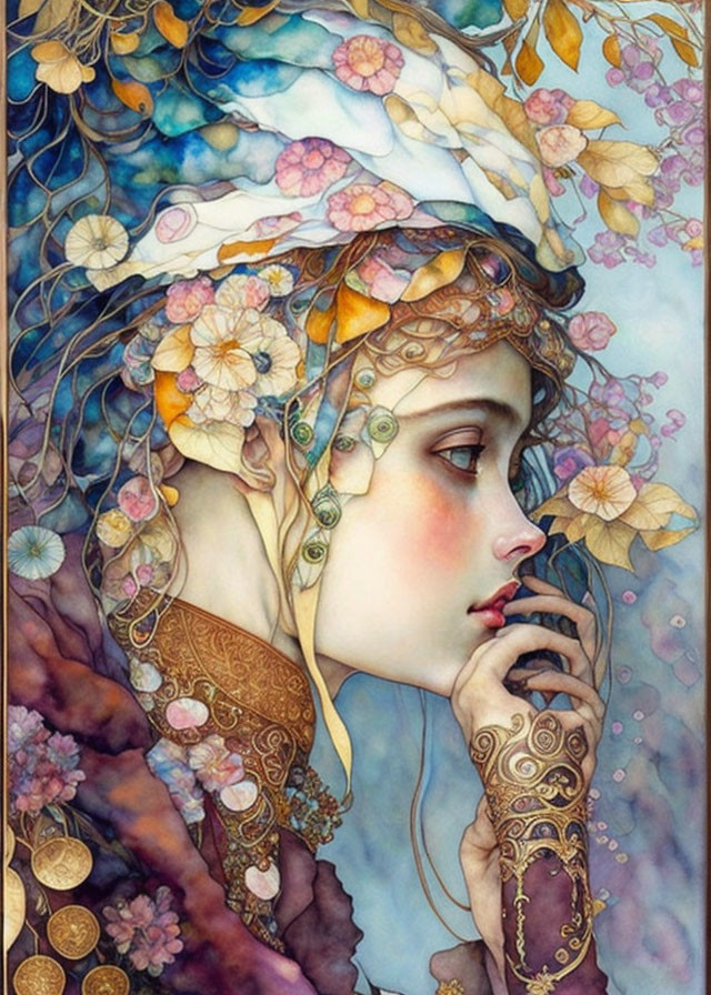 Detailed Floral Patterns Surrounding Pensive Woman in Serene Color Palette