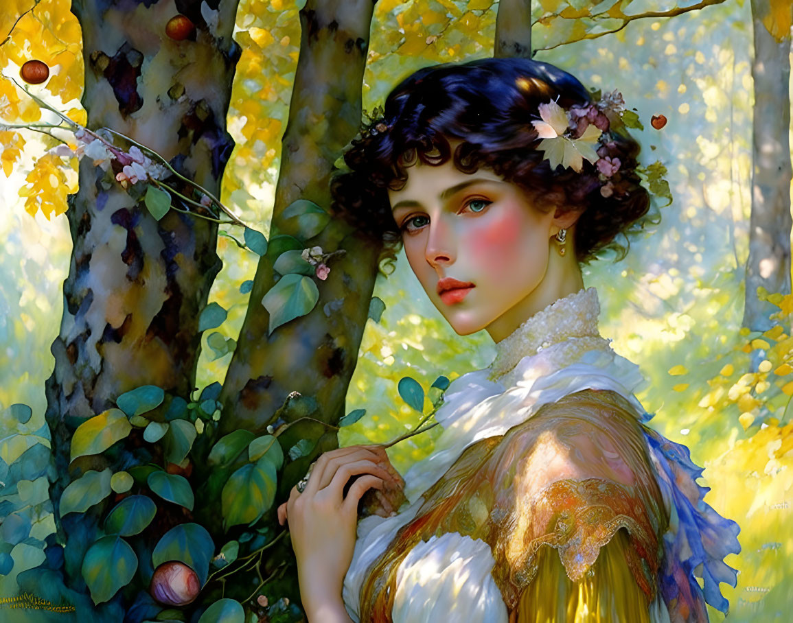 Young woman with flowers in hair standing among trees in serene ambiance