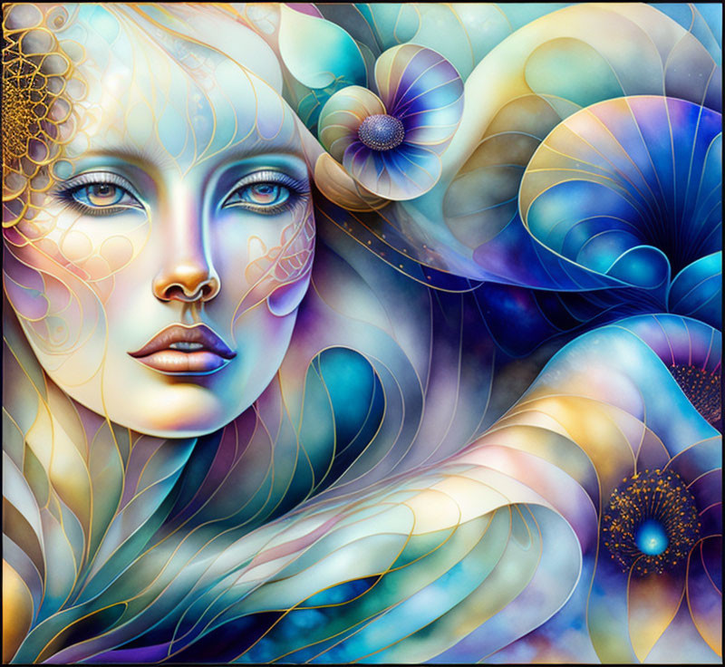 Vibrant Woman's Face Illustration with Swirling Patterns and Flowers