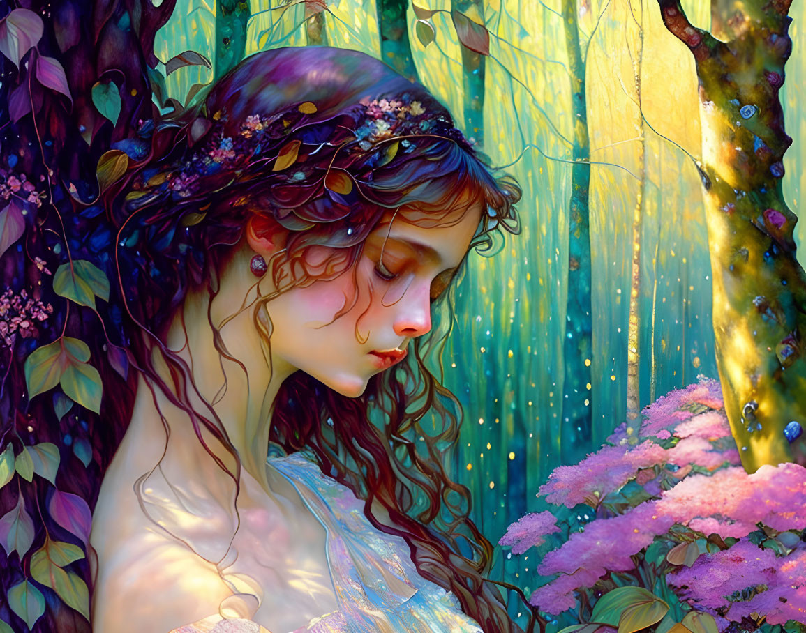 Woman with floral hair leaning against tree in magical forest