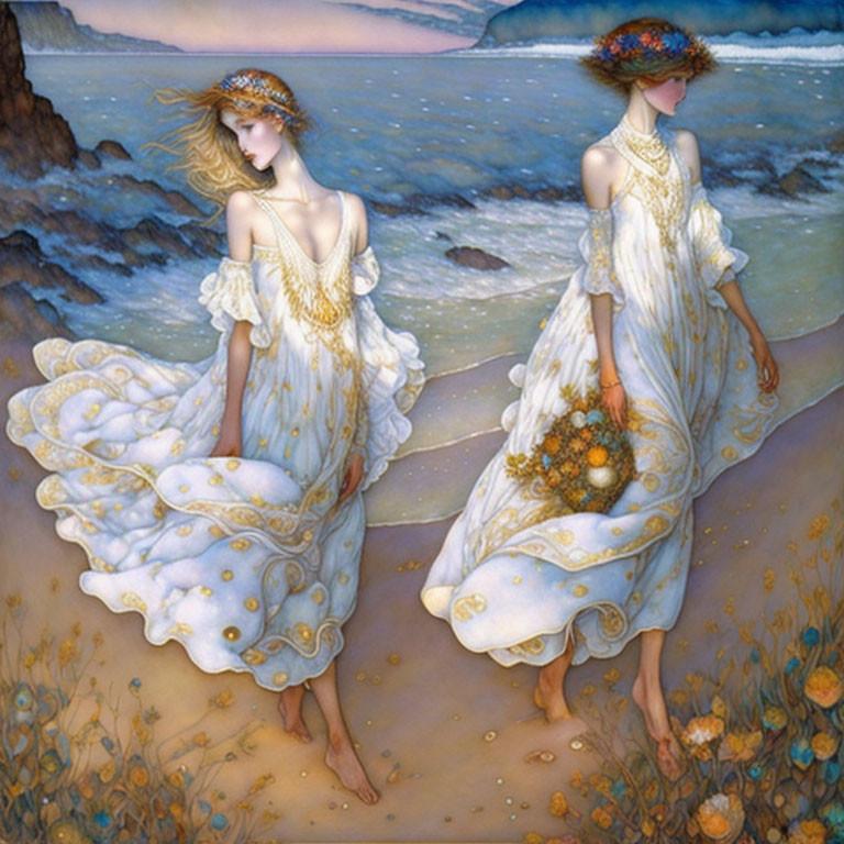 Ethereal women in white and gold dresses by twilight shore