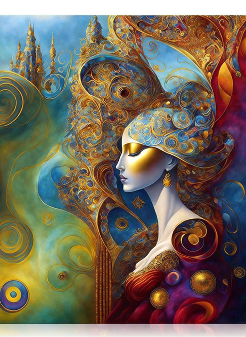 Stylized woman with golden features and ornate headdress in vibrant colors