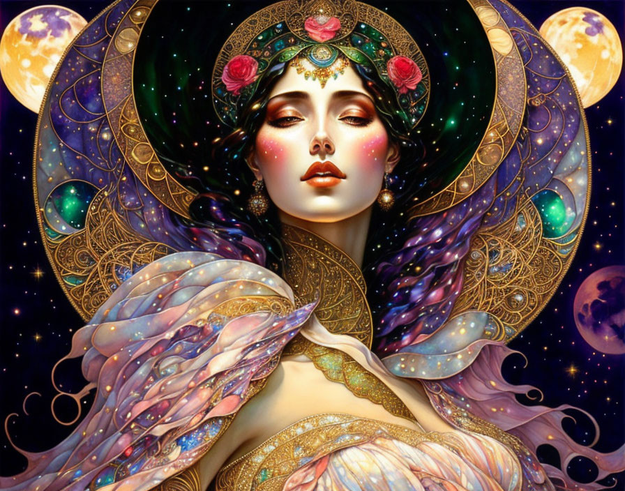 Cosmic-themed artwork featuring a woman with moons and celestial jewelry