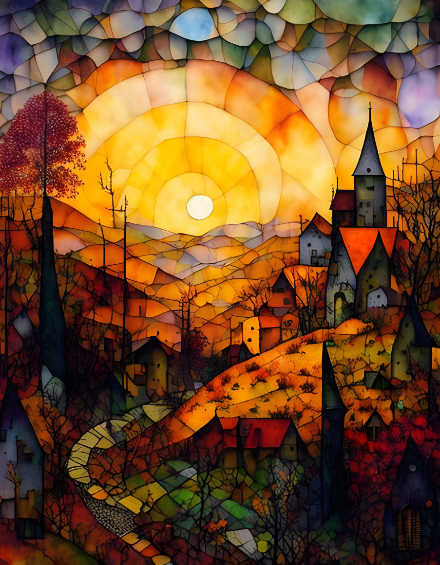 Colorful Stained Glass Artwork of Whimsical Landscape & Sunset