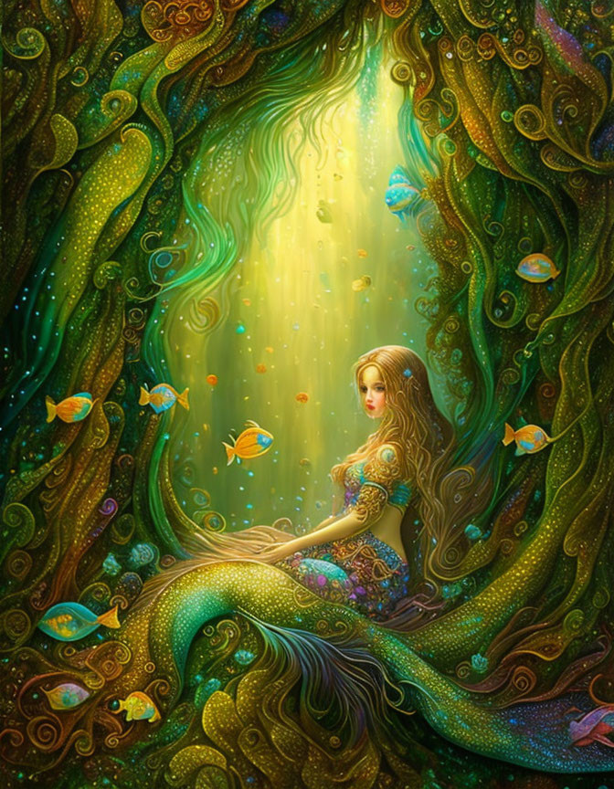 Vibrant mermaid in mystical underwater forest