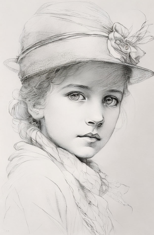 Detailed pencil drawing of young girl with expressive eyes, flower-adorned hat, ruffled collar