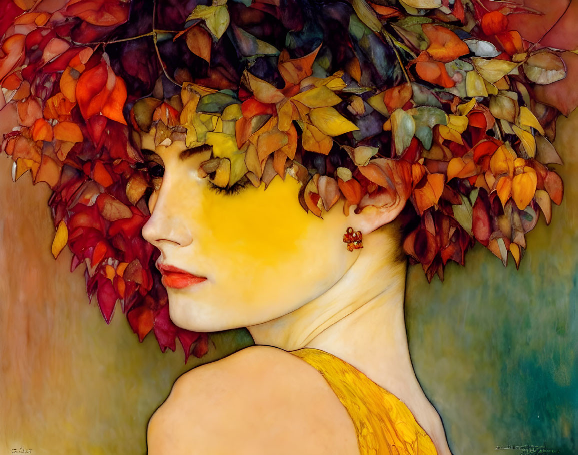 Portrait of Woman with Autumn Leaf Crown and Yellow Makeup