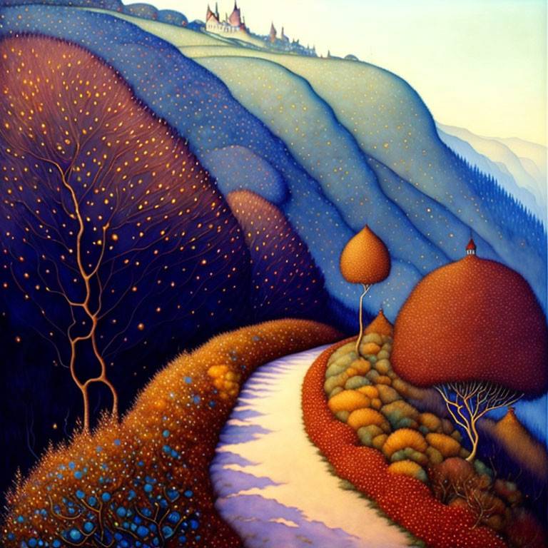 Twilight landscape with winding path, dotted trees, and hilltop castle