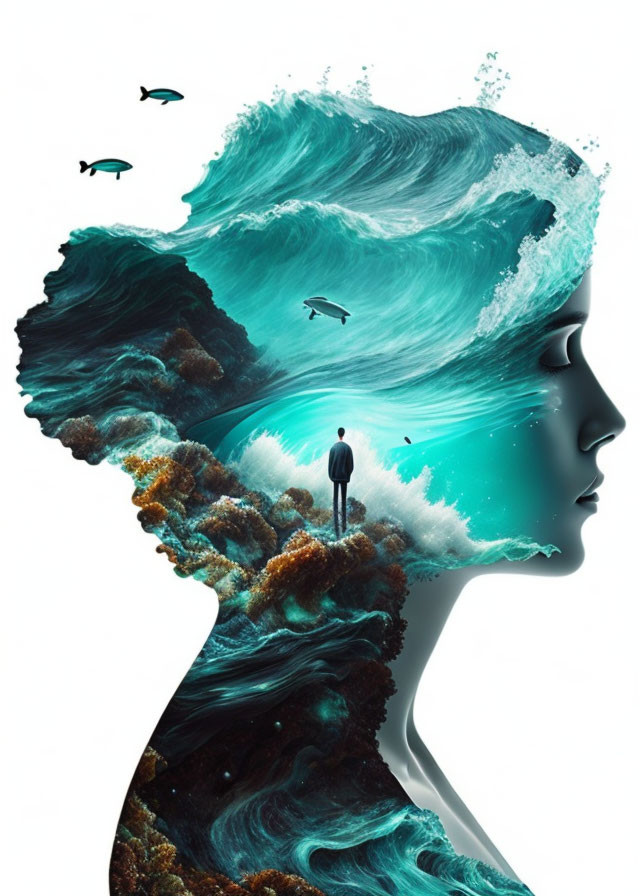 Surreal profile silhouette with ocean wave, coral reef, figure, and birds.