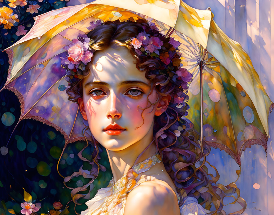 Digital artwork: Woman with curly hair, flowers, umbrella, floral background