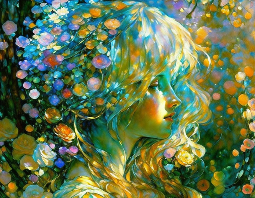 Colorful Impressionistic Painting of Woman with Golden Hair and Flowers