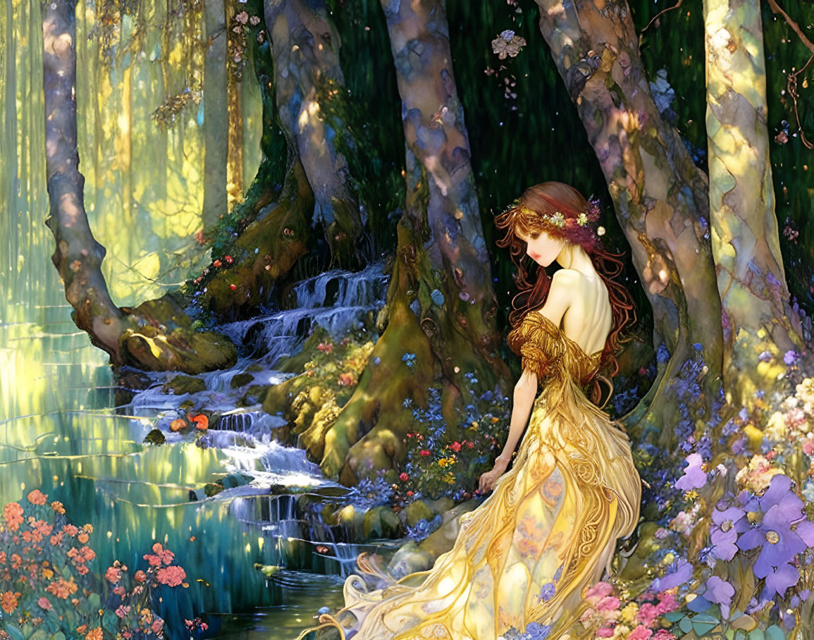 Woman in yellow gown in vibrant enchanted forest with sunbeams and waterfall