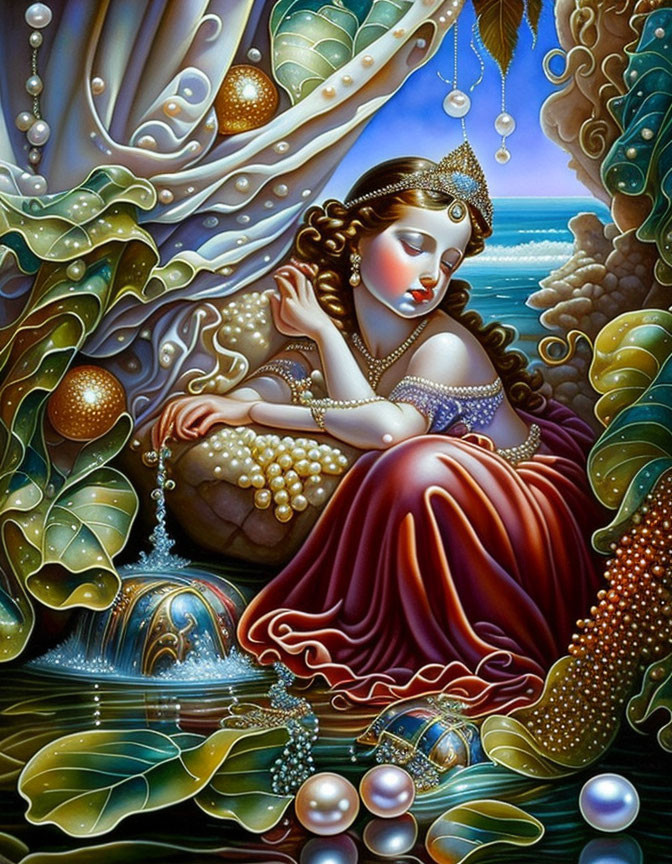 Fantasy underwater scene with woman in richly decorated environment