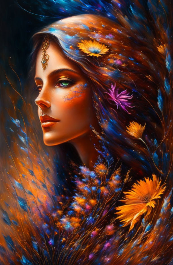 Colorful digital portrait of a woman with floral and feather hair, emitting mystical vibes