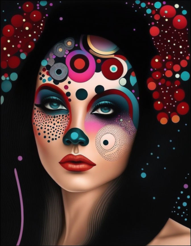 Colorful abstract patterns adorn woman's face in digital portrait, set against dark background with red and white