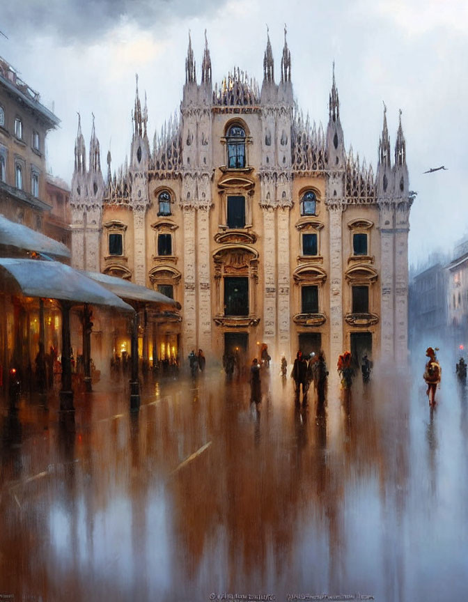 Gothic cathedral in rain with reflections and silhouettes
