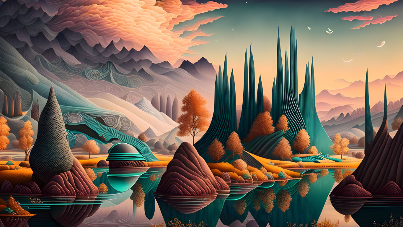 Surreal landscape with stylized trees, reflective water, layered hills, orange tones, and whims