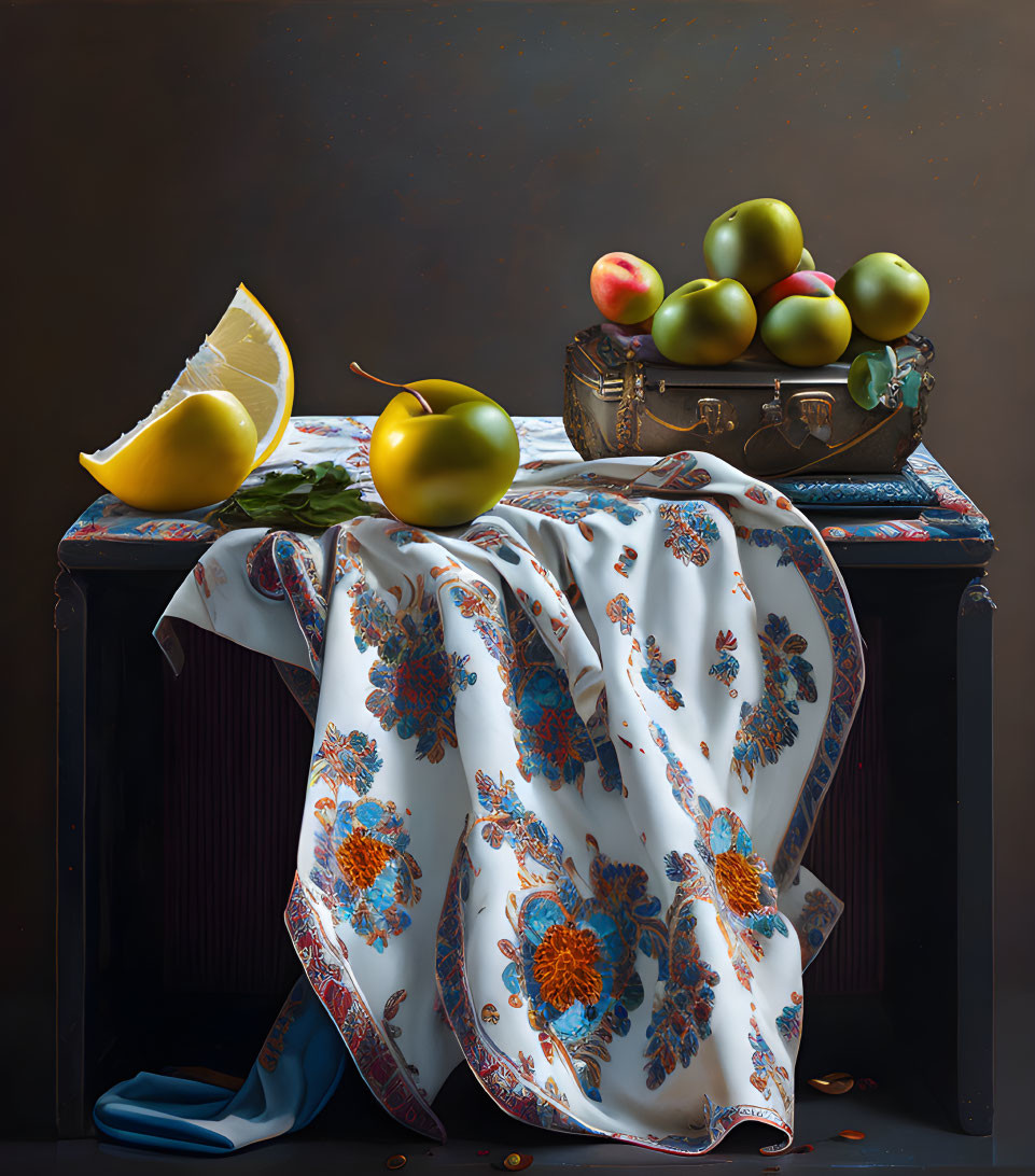 Patterned cloth with fruits on table against dark background