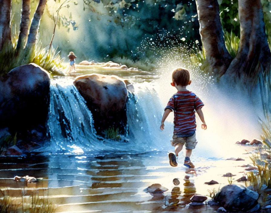 Young boy walking towards waterfall in serene woodland setting