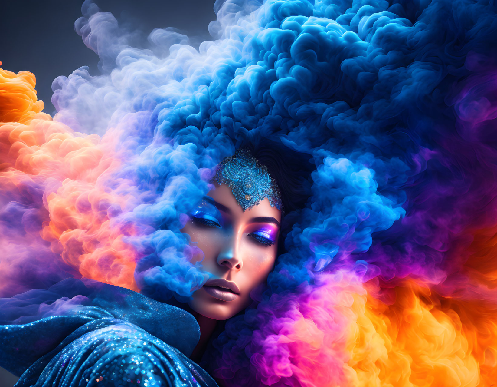 Vibrant multicolored smoke surrounds contemplative woman with ornate headpiece.
