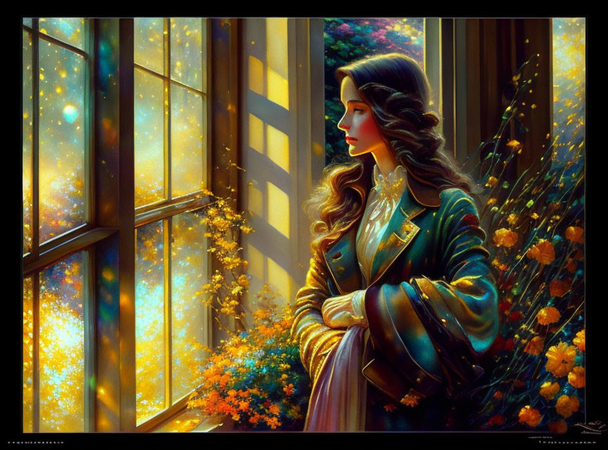 Woman gazing out window surrounded by vibrant flowers under starry light