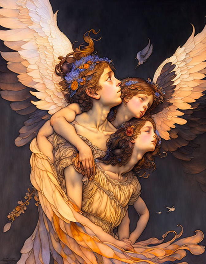 Detailed illustration of three angels embracing with large wings, adorned with flowers.