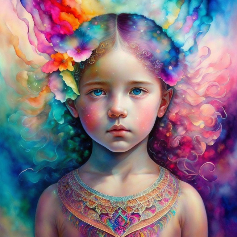 Young girl portrait with large eyes and colorful, mystical swirls