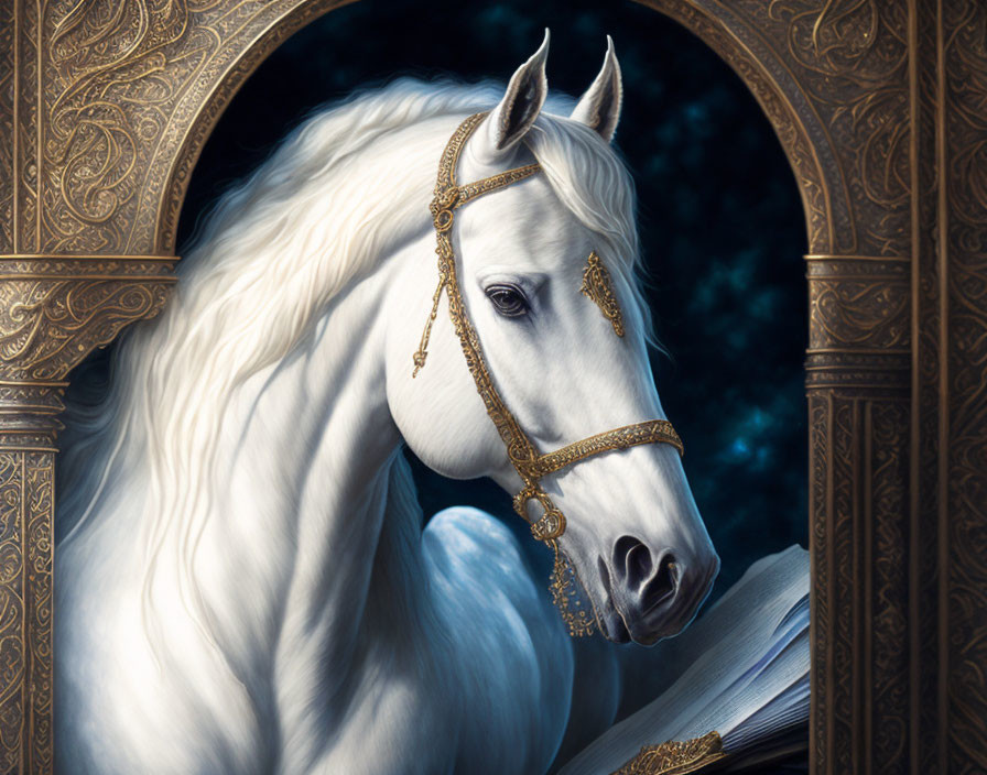 White horse with golden bridle framed by ornate arched window under starry night sky