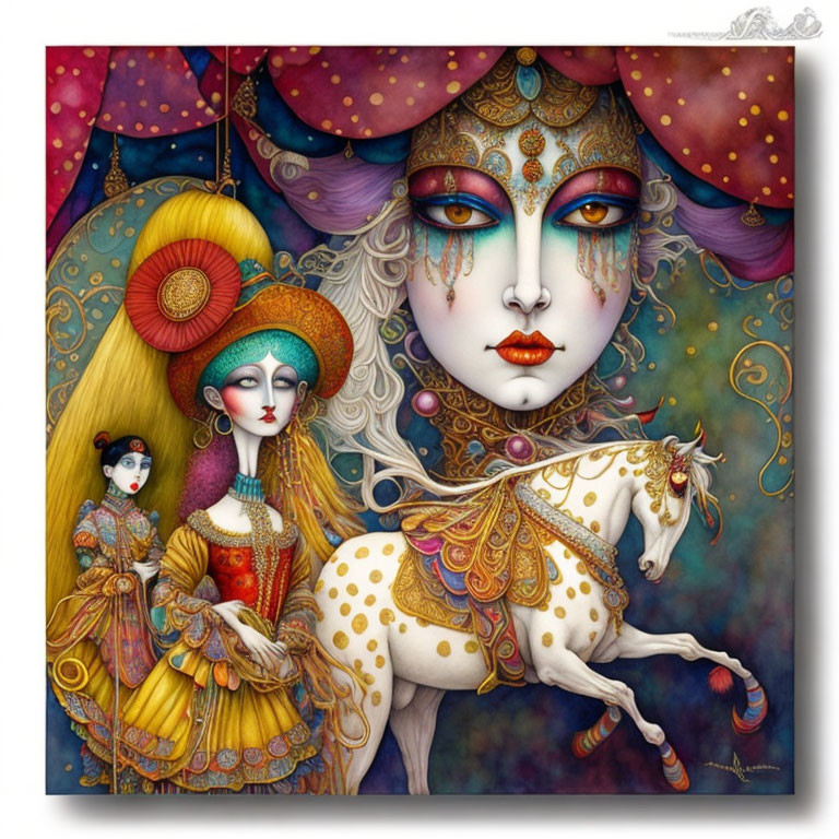 Mystical woman with elaborate makeup and attire, two stylized figures, and white horse on colorful