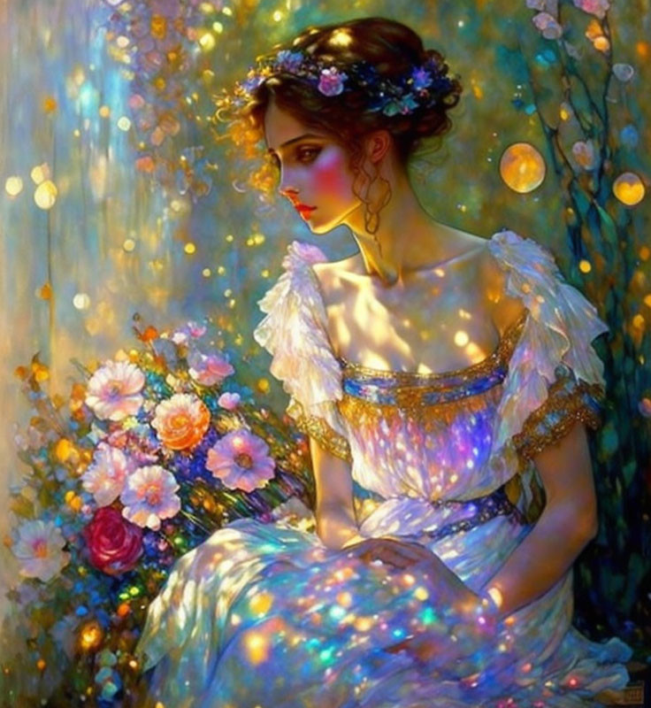 Woman in shimmering gown surrounded by flowers and warm light