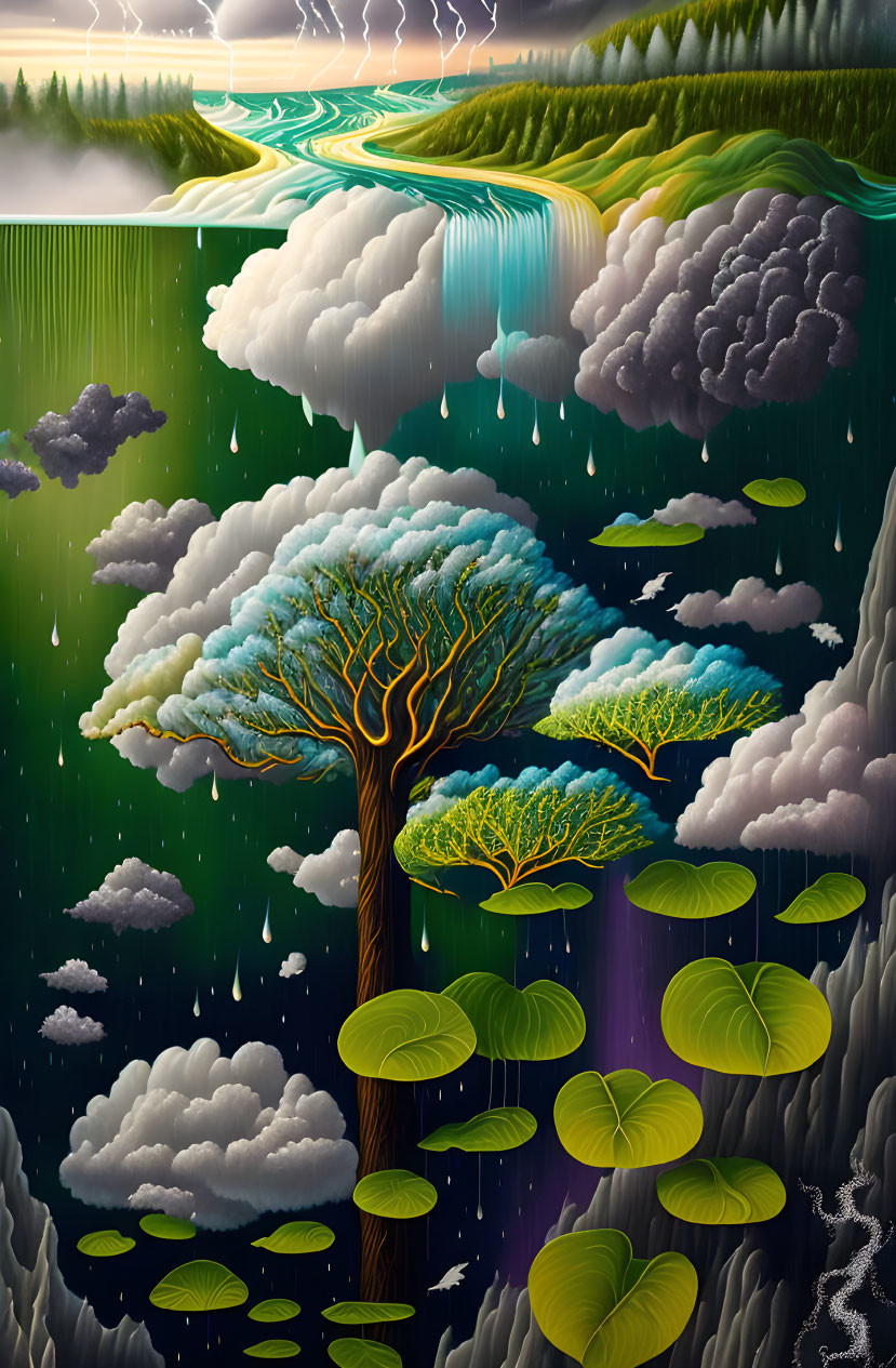 Colorful painting of illuminated tree with floating leaves and dynamic sky landscape