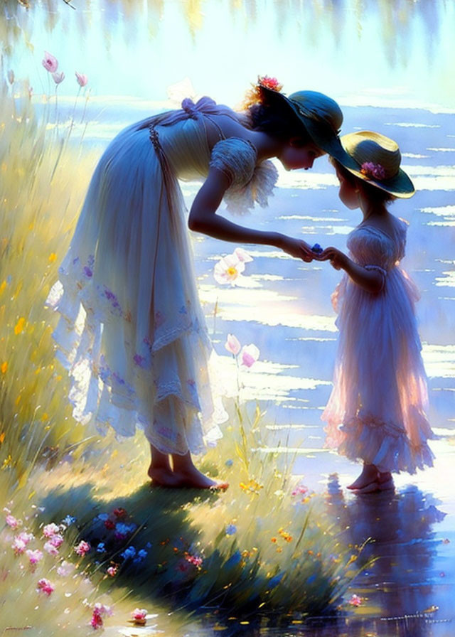 Woman and young girl in vintage dresses by sunlit lakeside