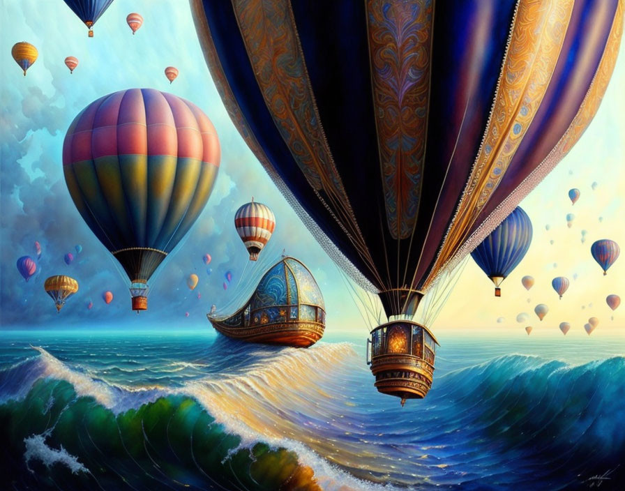 Vibrant hot air balloons over wavy sea at twilight