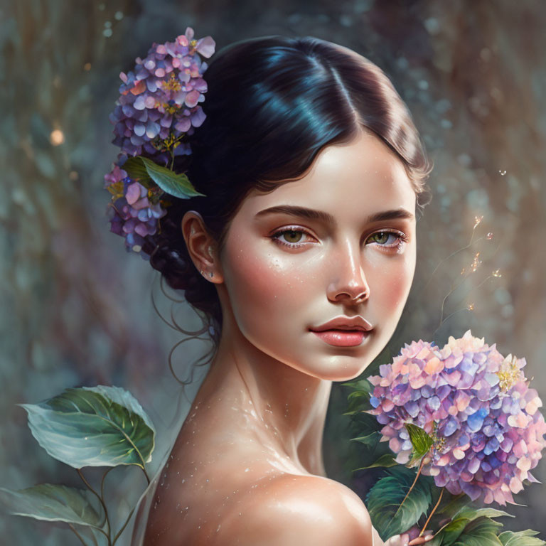 Digital portrait of woman with hydrangea flowers in hair and serene expression