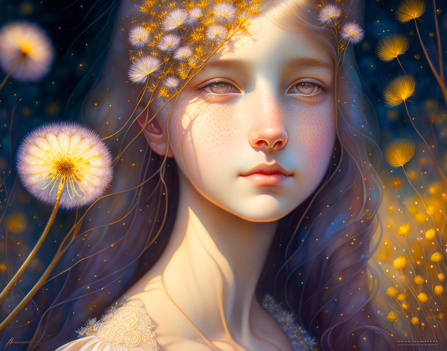 Digital painting: Girl with freckles and dandelions in hair, surrounded by glowing lights and