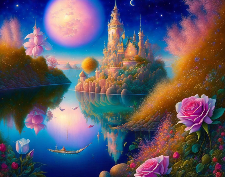 Fantasy landscape with pink moon, castle, river, rowboat, flowers & starry sky