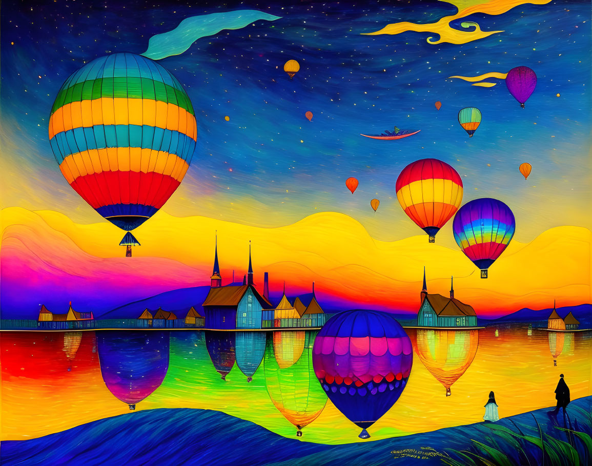 Vibrant hot air balloons over whimsical landscape at sunset